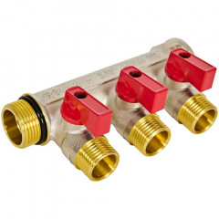 Коллектор распределительный ROMMER с шаровыми кранами 3/4", 3 отвода 1/2" (красные ручки, синие в комплекте) для водоснабжения и для отопления, RMB-0007CF-341203