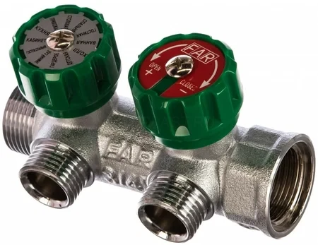 Коллектор регулирующий FAR 3/4" (ВР-НР) с 2 отводами 1/2" EU с вставкой под плоское уплотнение