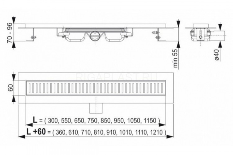 Душевой лоток AlcaPlast APZ101 650 с опорами, серый, хром, выпуск боковой