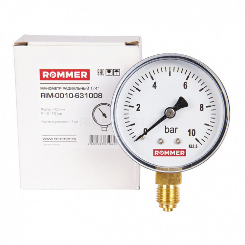 Манометр радиальный 63 мм, 10 бар, 1/4" ROMMER