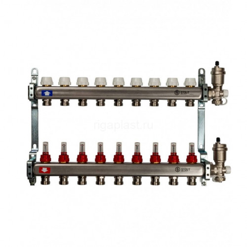 Коллекторная группа STOUT из нержавеющей стали с расходомерами на 9 выходов с клапанами и воздухоотводчиками