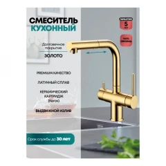 Смеситель для кухни под фильтр с выдвижным изливом Grocenberg GB4097 Золото глянец