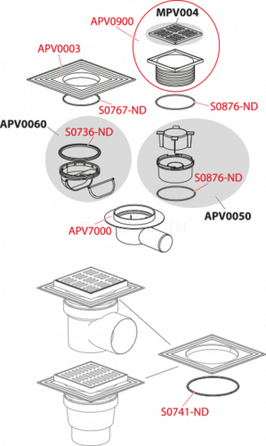 Трап сливной 150х150/110 мм, прямой сток, решетка серая, воротник изоляции 2-го уровня Alcaplast