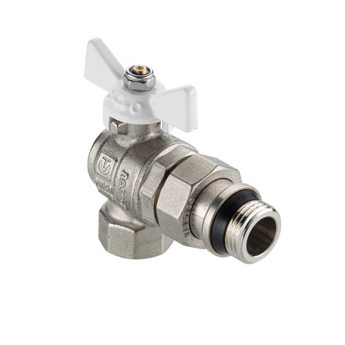 Кран шаровой VALTEC BASE-ГОСТ угловой 3/4" ВР/НР, с американкой, со штуцером, белая ручка, бабочка (VT.228S.NRW.05)