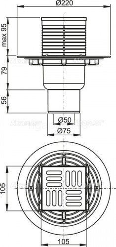 Трап сливной 105х105/50/75 мм, прямой сток, решетка из нержавеющей стали Alcaplast