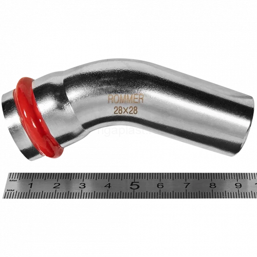 Угольник однораструбный ROMMER 45° НПр 28 мм из нержавеющей стали, RSS-0004-000028