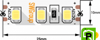 Лента светодиодная стандарт 2835, 120 LED/м, 12 Вт/м, 12В , IP20, Цвет: Теплый белый