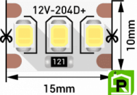 Лента светодиодная стандарт 2835, 204 LED/м, 22 Вт/м, 12В , IP20, Цвет: Теплый белый