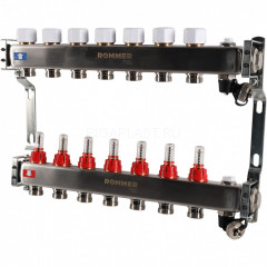 Коллектор ROMMER RMS-1201 из нержавеющей стали с расходомерами, с клапаном выпуска воздуха и сливом на 7 выходов для отопления, RMS-1201-000007