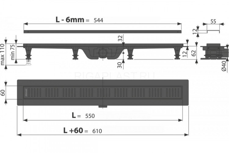 Душевой лоток AlcaPlast AG101101550 с решеткой и опорами (AG101101550), в пол около стены, выпуск боковой