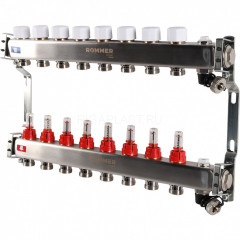 Коллектор ROMMER RMS-1201 из нержавеющей стали с расходомерами, с клапаном выпуска воздуха и сливом на 8 выходов для отопления, RMS-1201-000008