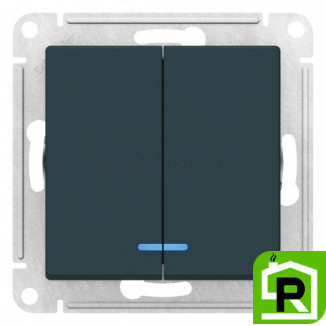 Выключатель 2-клавишный, с подсветкой, Изумруд, серия Atlas Design, Schneider Electric