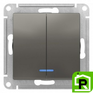 Выключатель 2-клавишный, с подсветкой, Сталь, серия Atlas Design, Schneider Electric