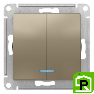 Выключатель 2-клавишный, с подсветкой, Шампань, серия Atlas Design, Schneider Electric