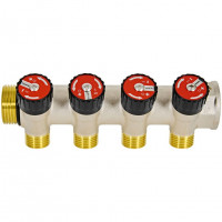 Коллектор распределительный с запорными клапанами 1", 4 отвода 1/2" ROMMER