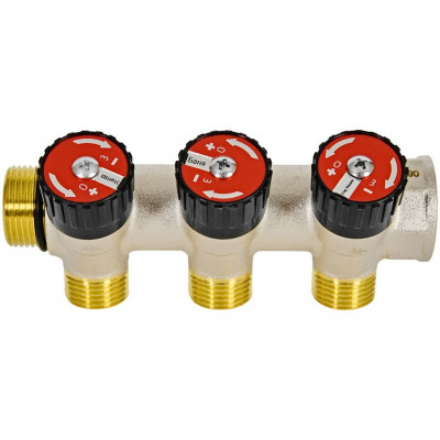 Коллектор распределительный с запорными клапанами 3/4", 3 отвода 1/2" ROMMER