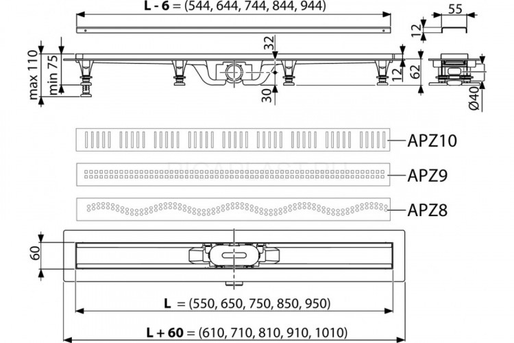 Душевой лоток AlcaPlast AG100401650  (APZ10-650M) с решеткой и опорами, в пол около стены, выпуск боковой