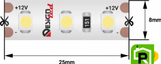 Лента светодиодная LUX, 3528, 120 LED/м, 9,6 Вт/м, 12В, IP65, Теплый белый (2700K)