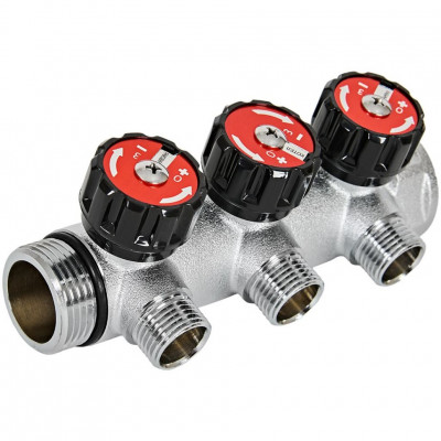 Коллектор распределительный с клапанами 1", 3 отвода 1/2" ROMMER