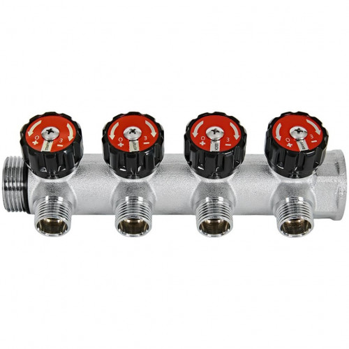 Коллектор распределительный с клапанами 1", 4 отвода 1/2" ROMMER