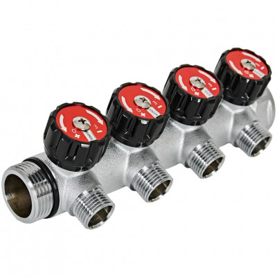 Коллектор распределительный с клапанами 1", 4 отвода 1/2" ROMMER