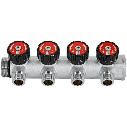 Коллектор распределительный с клапанами 1", 4 отвода 1/2" плоское уплотнение ROMMER