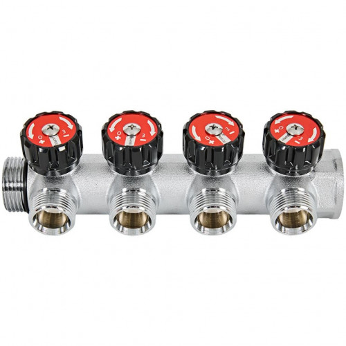 Коллектор распределительный с клапанами 1", 4 отвода 3/4" ЕК ROMMER