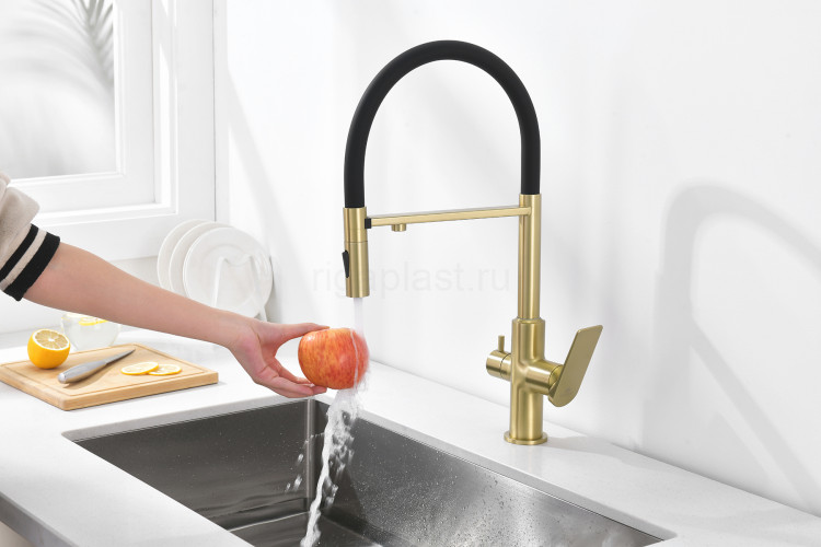 Смеситель для кухни GANZER GZ07127-S, с подключением к фильтру, с гибким изливом, матовое золото