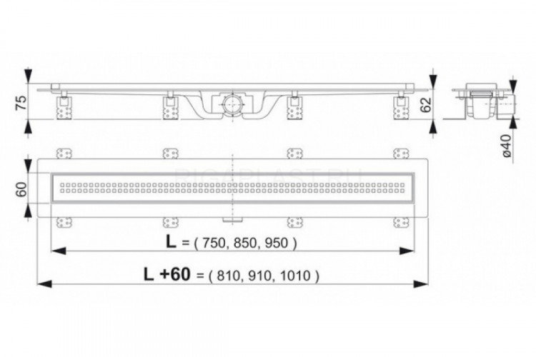 Душевой лоток AlcaPlast APZ9-Simple 750 с решеткой и опорами, серый, хром, выпуск боковой