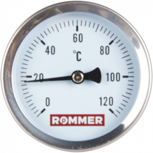 Термометр биметаллический 63 мм с погружной гильзой 75 мм 120°С, 1/2" ROMMER