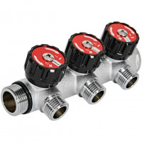 Коллектор распределительный с клапанами 3/4", 3 отвода 1/2" плоское уплотнение ROMMER