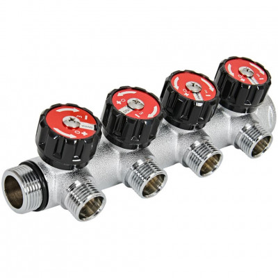Коллектор распределительный с клапанами 3/4", 4 отвода 1/2" ROMMER