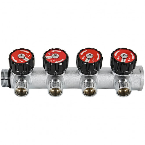 Коллектор распределительный с клапанами 3/4", 4 отвода 1/2" ROMMER