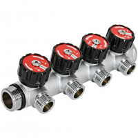 Коллектор распределительный с клапанами 3/4", 4 отвода 1/2" плоское уплотнение ROMMER