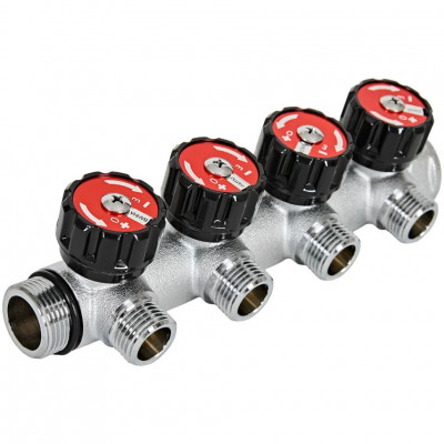 Коллектор распределительный с клапанами 3/4", 4 отвода 1/2" плоское уплотнение ROMMER