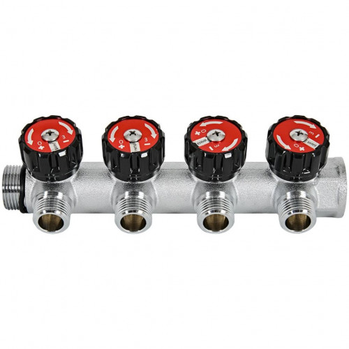 Коллектор распределительный с клапанами 3/4", 4 отвода 1/2" плоское уплотнение ROMMER