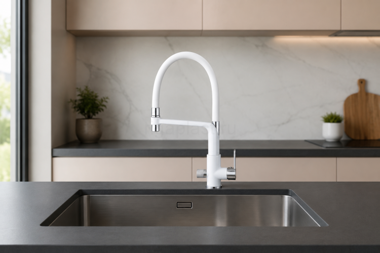 Смеситель для кухни HANSEN HL15075-FF, с подключением к фильтру, с гибким изливом, белый