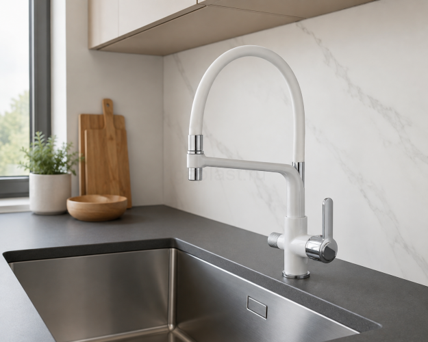 Смеситель для кухни HANSEN HL15075-FF, с подключением к фильтру, с гибким изливом, белый